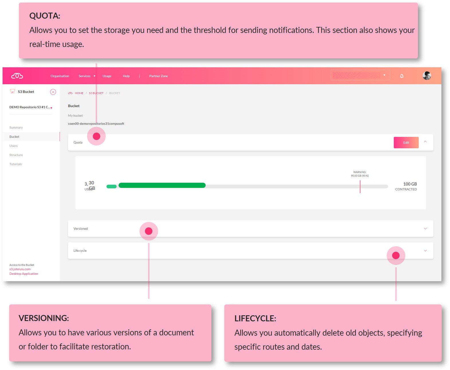 Manage your storage quota, versioning and lifecycle settings