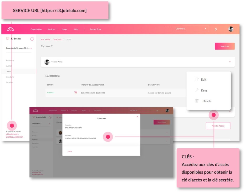 Ayez à portée de main les données d’accès pour intégrer le référentiel à n’importe quel client S3