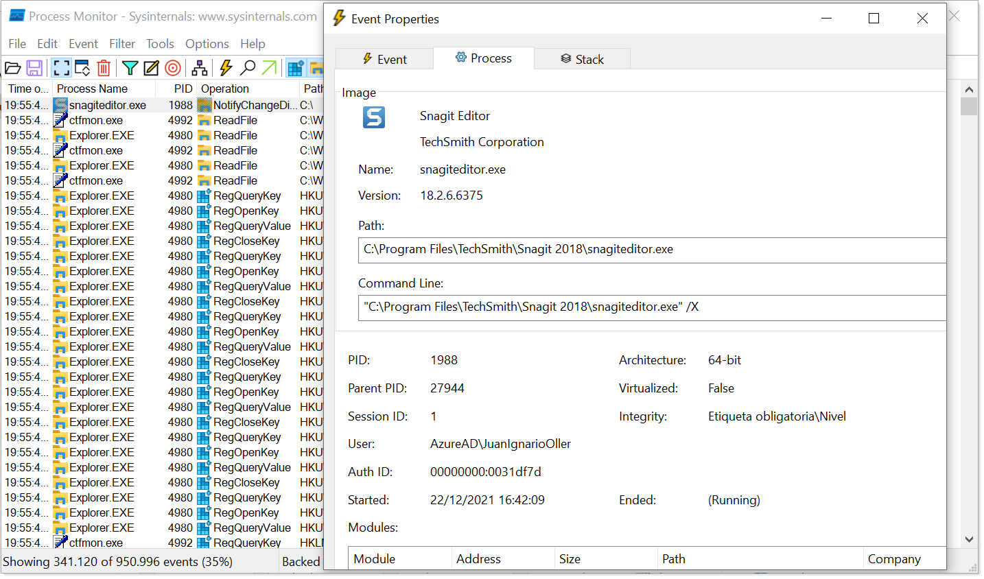 Imagem: execução do Process Monitor no Windows 10 e um dos processos em detalhe