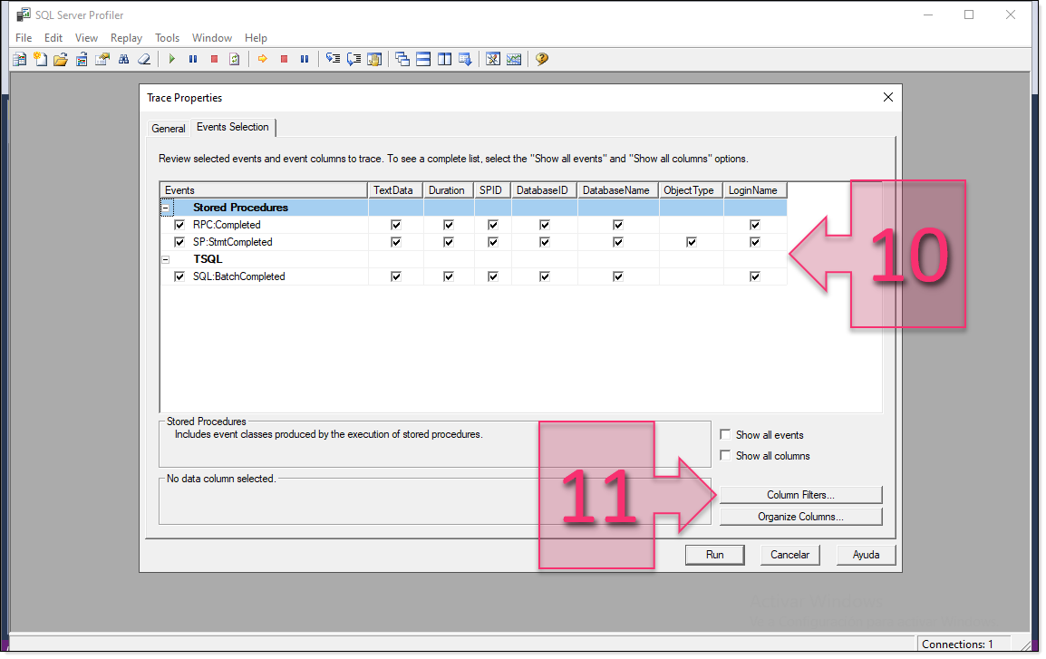 Part 4 - Configuring Events Selection settings in SQL Profiler