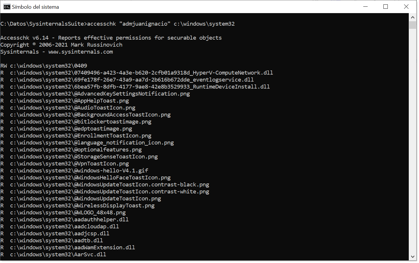 Imagem: teste de acesso do utilizador a “c:\windows\system32” com accesschk
