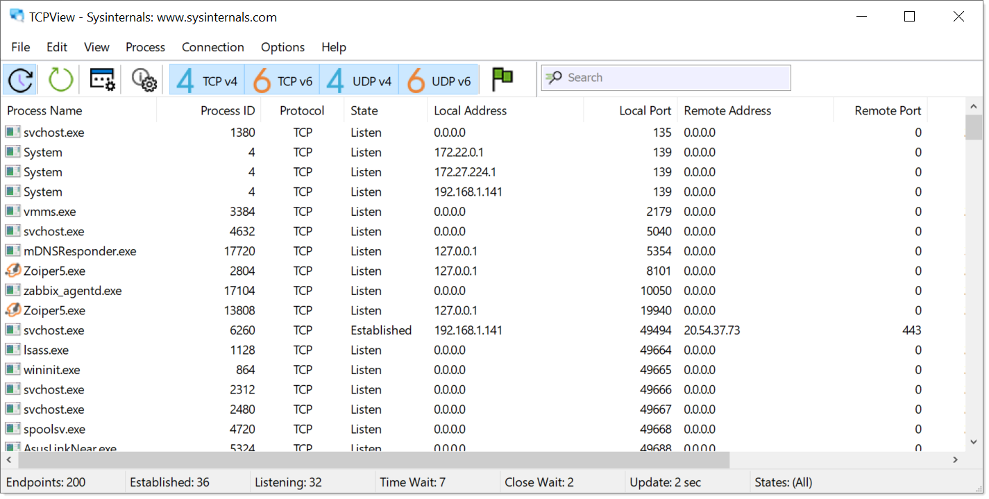 Imagem: execução inicial do TCPview no Windows 10