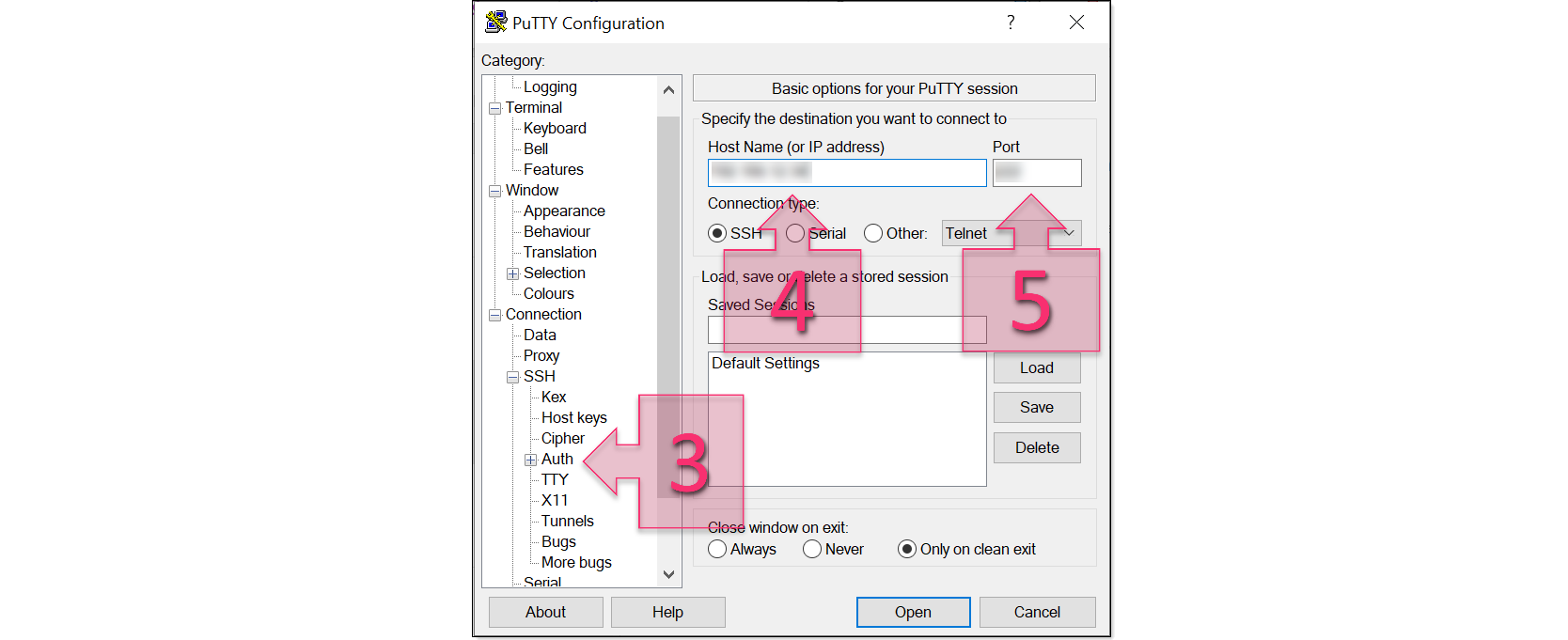 Step 2. Configuring the PuTTY session. SSH connection Linux Windows