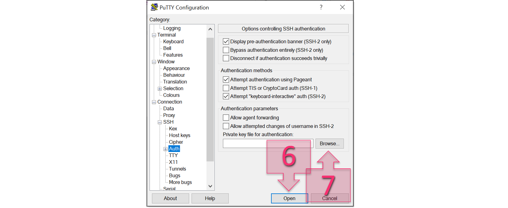Step 2. Configuring authentication settings in PuTTY