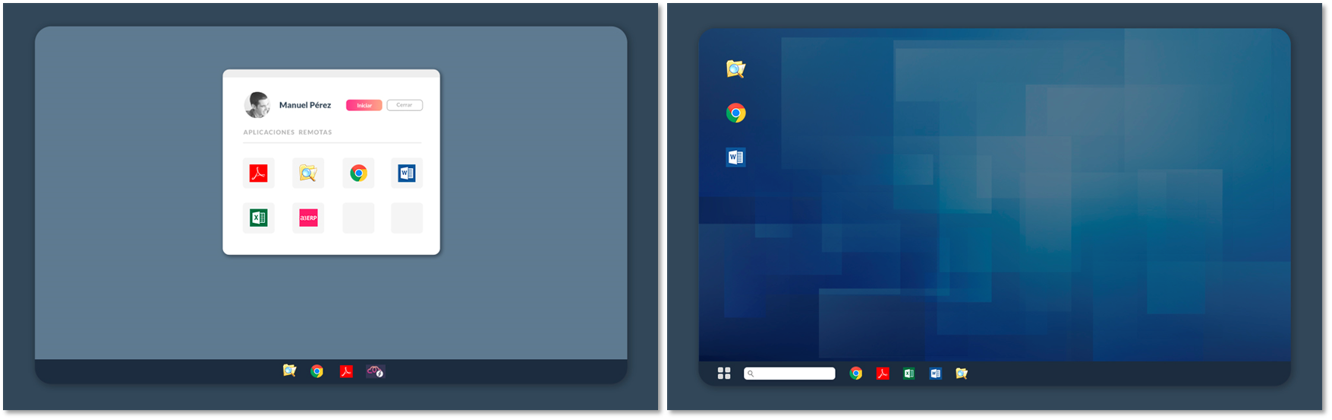 Applications Launchpad view (left) and Virtual Desktop view (right).