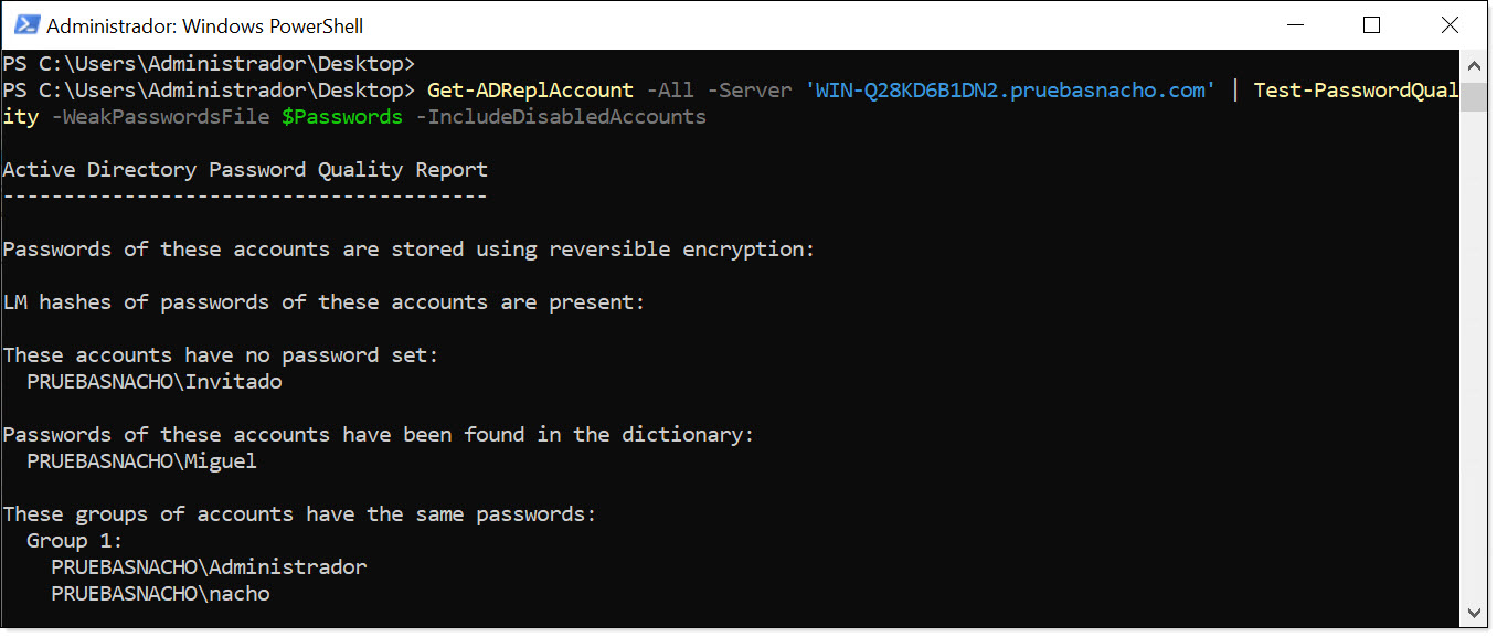 Execução da consulta do PowerShell para encontrar as passwords fracas no AD DS Server