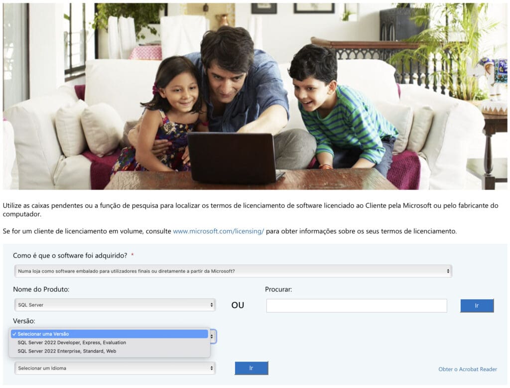 Imagem. Consultar termos da licença do sql server.