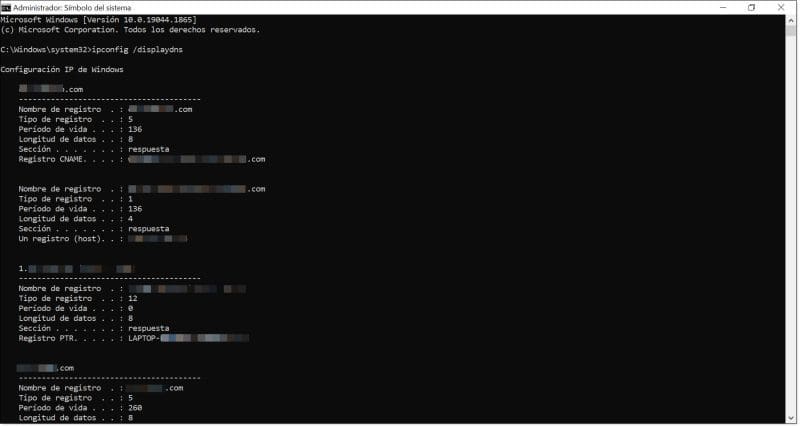 Ejecución de ipconfig para mostrar los DNS