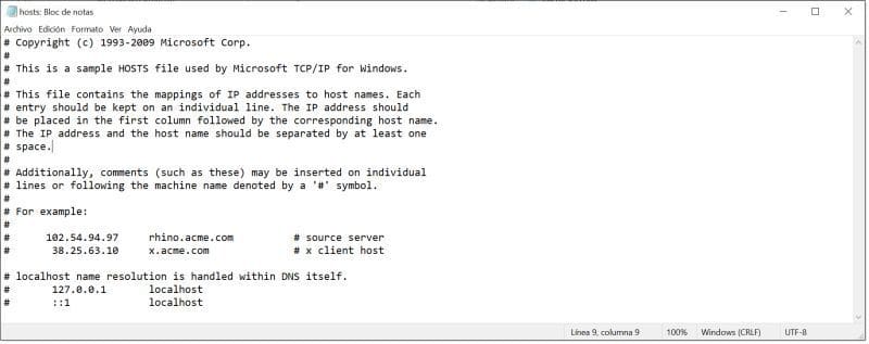 Ejemplo de contenido de archivo host de Windows Client