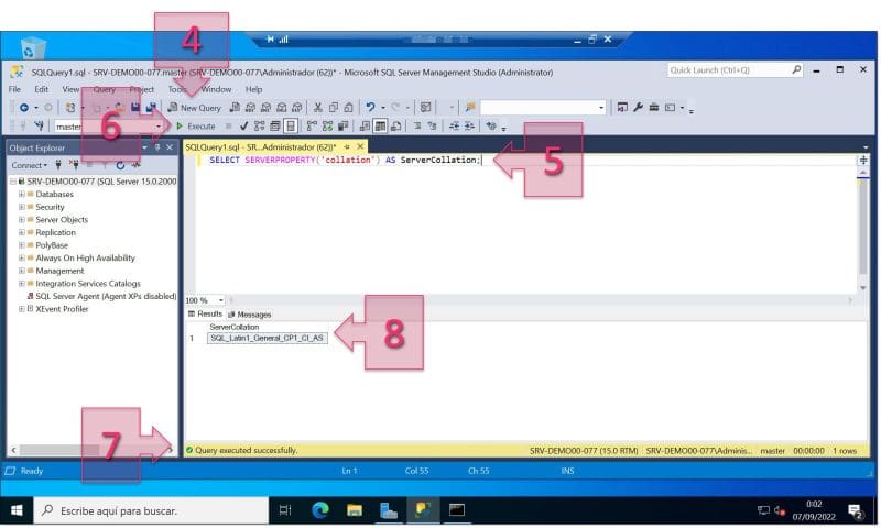 Comprobamos la configuración de SQL Collate mediante consulta SQL