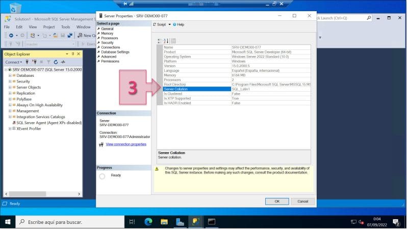 Comprobamos la propiedad de Server Collate dentro de las propiedades de la base de datos