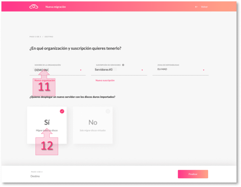 Paso 1. Seleccionamos organización de destino y marcamos que queremos desplegar la VM