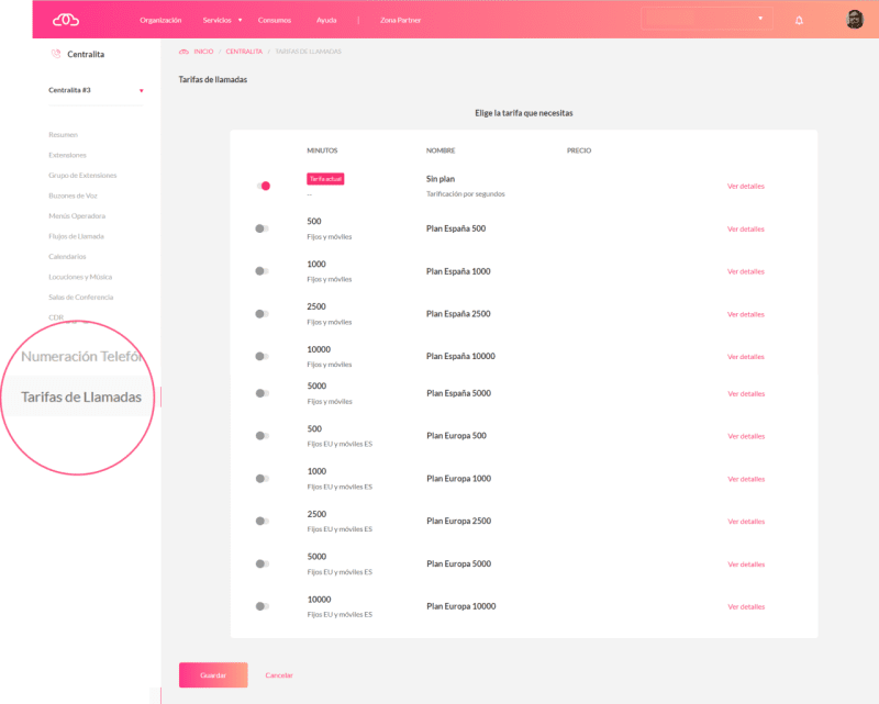 Imagen. Tarifas planas en la subsección Tarifas de llamadas del servicio de Centralita Virtual.