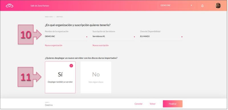Paso 1. Seleccionamos organización de destino y marcamos que queremos desplegar la VM