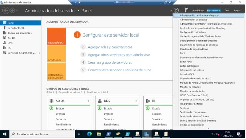 Paso 2. Lanzamos la consola de GPMC desde el menú de herramientas del administrador del servidor