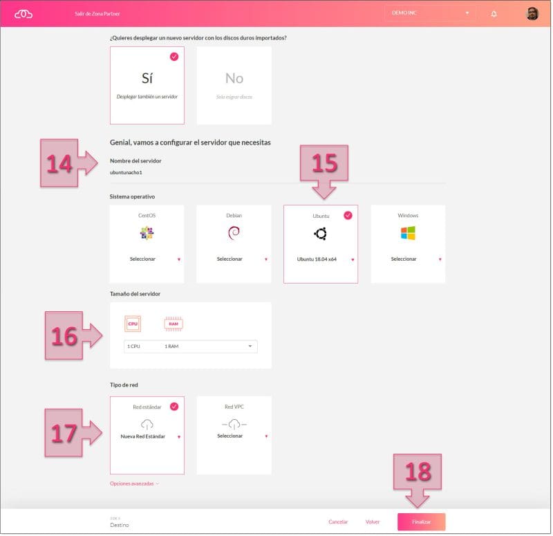 Paso 1. Proporcionamos la configuración del nuevo servidor. migrar servidor VMWare