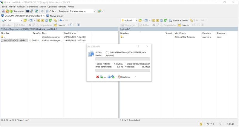 Paso 2. Copiamos el VHDX al SFTP de Jotelulu con los datos proporcionados en el paso 1