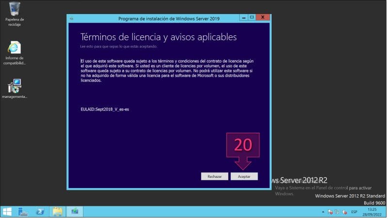 Paso 3. Comprobamos los términos del acuerdo de licencia de WS2019 y lo aceptamos