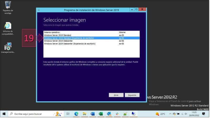 Paso 3. Seleccionamos la versión de Windows Server 2019 que queremos instalar