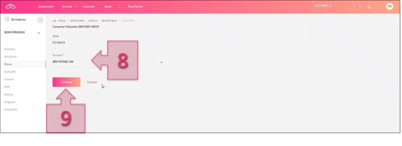 Paso 1. Seleccionamos el servidor al que se va a conectar el disco