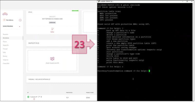 Paso 2. Comenzamos a lanzar los comandos de gdisk para hacer el cambio en el disco