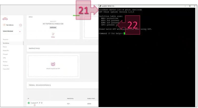 Paso 2. Editamos el disco con gdisk y comprobamos el estado de la partición