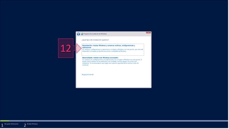 Paso 2. Seleccionamos como tipo de instalación la actualización del sistema a WS2012r2