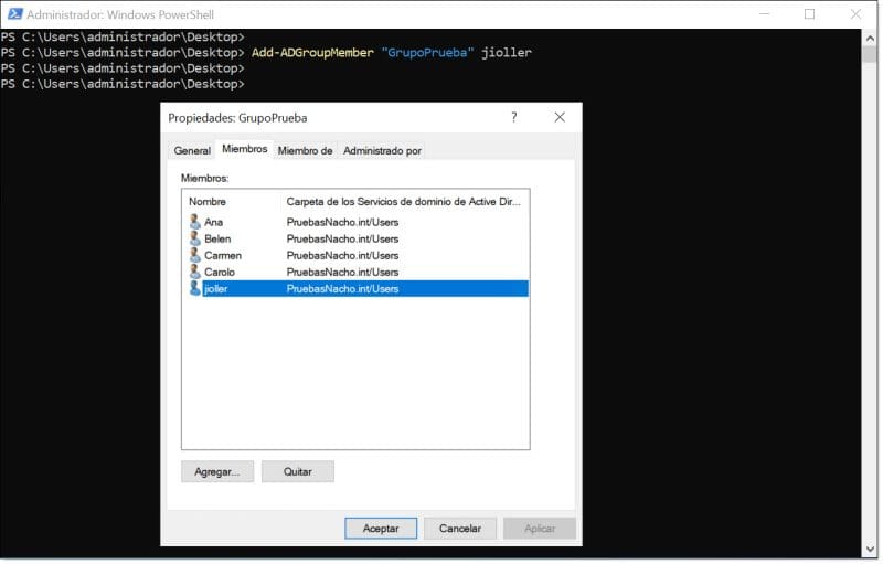 Agregamos un usuario a un grupo existente mediante comandos de PowerShell