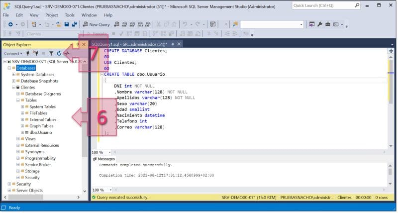 Comprobamos el contenido del explorador de objetos para ver si se ha creado correctamente la tabla