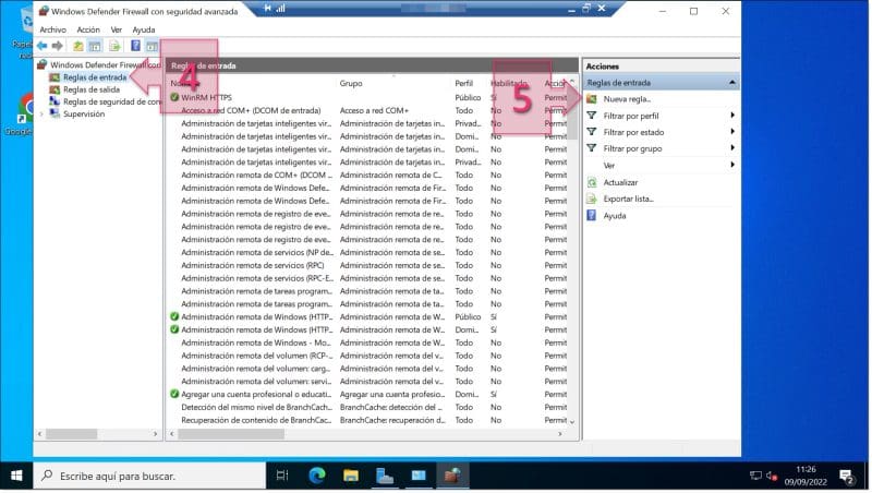 Creamos una nueva regla dentro de las reglas de entrada del firewall de Windows