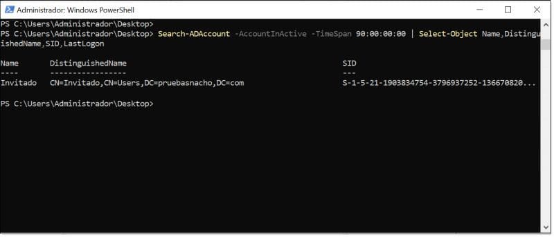 Ejecutamos el comando para buscar usuarios inactivos en nuestro AD DS Server