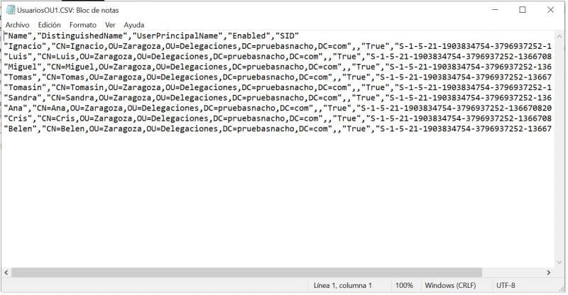Ejemplo de fichero CSV de salida tras la ejecución del comando de PowerShell en nuestro AD DS Server
