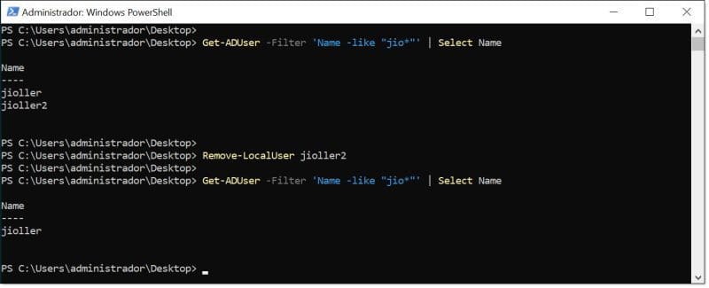 Eliminamos un usuario de AD DS con PowerShell y comprobamos que todo ha ido bien