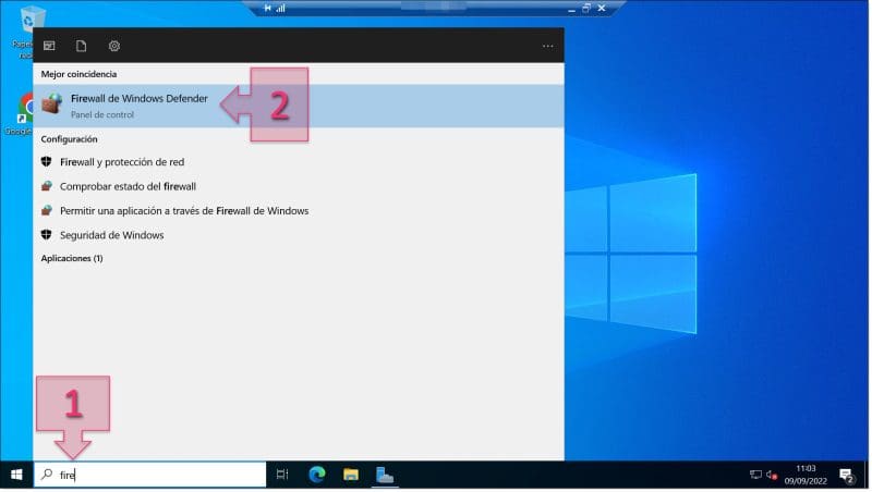 Lanzamos el Firewall de Windows Defender desde la barra de búsquedas