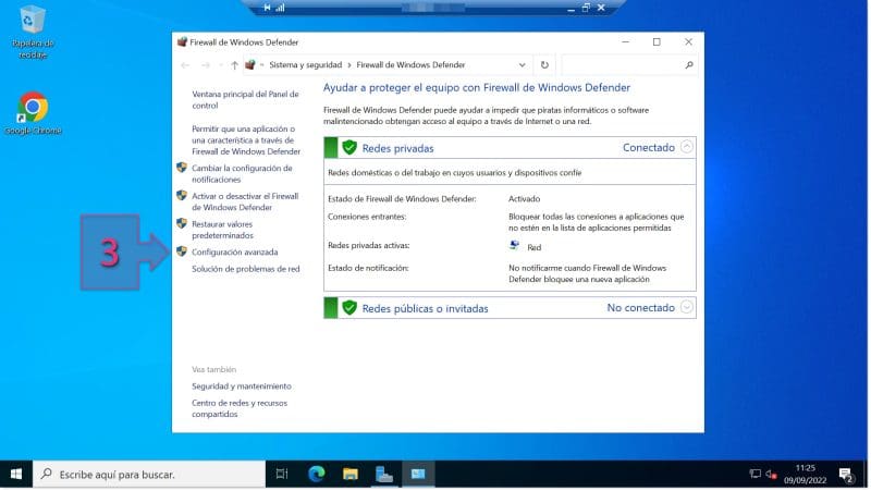 Lanzamos la configuración avanzada del firewall de Windows Defender