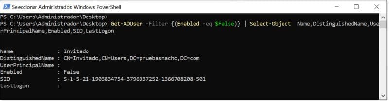 Listado de cuentas de usuario deshabilitadas en nuestro AD DS Server con PowerShell