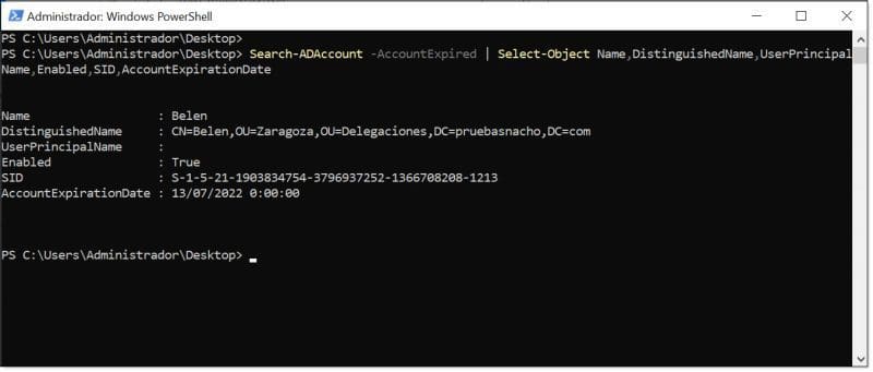 Listado de cuentas de usuario expiradas en nuestro AD DS Server con PowerShell