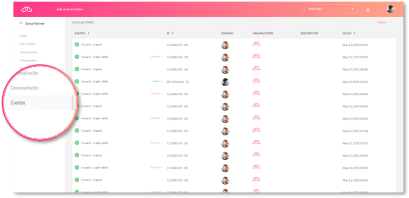 Localización de la sección Eventos dentro de la Zona Partner de Jotelulu