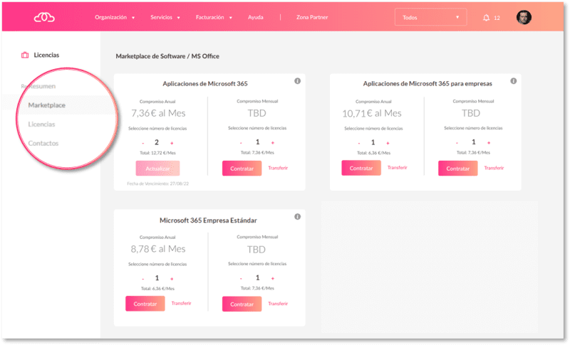 Ubicación donde modificar el licenciamiento de Office 365 en función de la modalidad