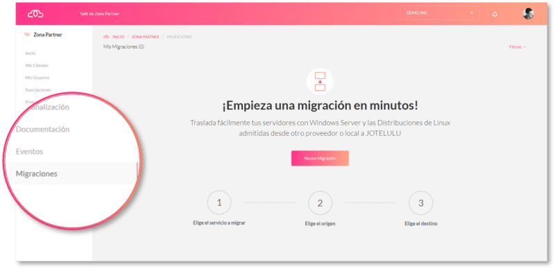 Accede a la Sección Migraciones de la Zona Partner y haz clic sobre Nueva Migración