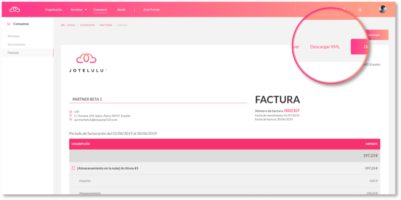 Botón de descarga en formato XML en cada factura