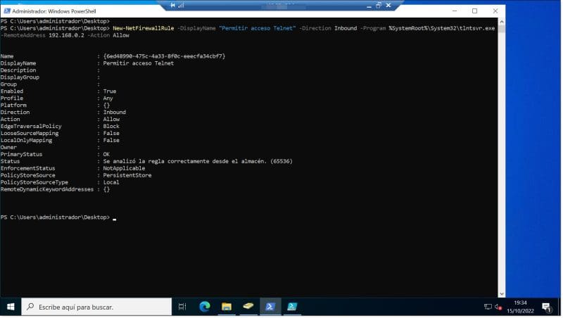 Paso 1. Ejemplo de ejecución de creación de regla de acceso a Telnet con PowerShell