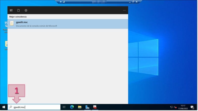 Paso 1. Escribimos gpedit.msc en la barra de búsqueda del servidor