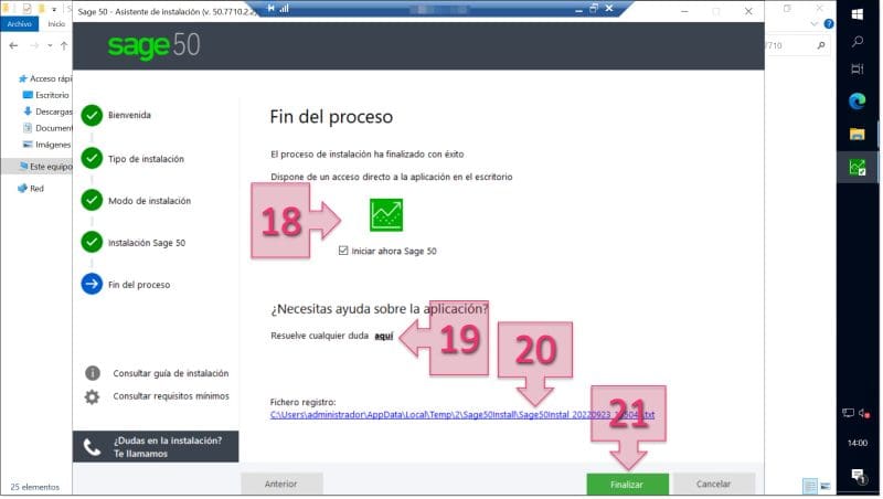 Paso 1. Pantalla con el fin del proceso de instalación de Sage 50