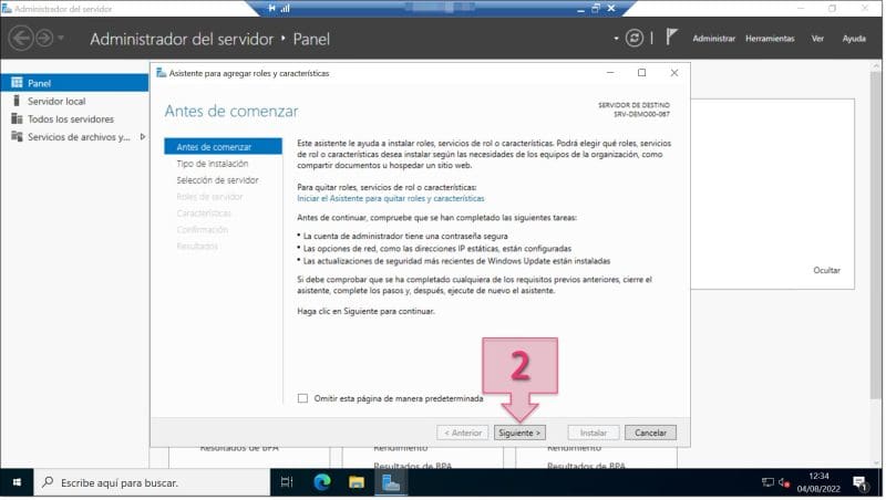 Paso 1. Revisamos el mensaje que se muestra en la ventana Antes de comenzar. configurar AD DS Server Windows