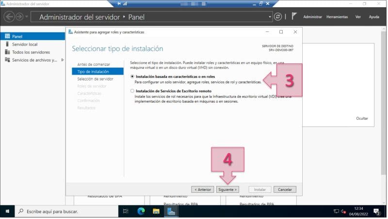 Paso 1. Seleccionamos la instalación basada en características o en roles. configurar AD DS Server Windows