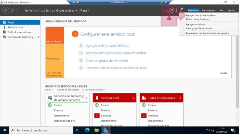 Paso 1. Seleccionamos la opción Agregar roles y características dentro de Administrar. configurar AD DS Server Windows