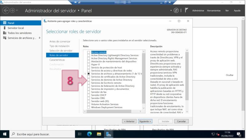 Paso 1. Seleccionamos los Servicios de dominio de Active Directory. configurar AD DS Server Windows