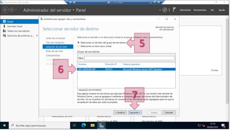 Paso 1. Seleccionamos servidor de destino. configurar AD DS Server Windows