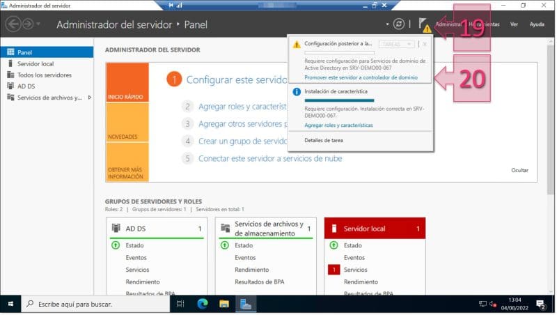 Paso 2. Accedemos a promover el servidor a Controlador de Dominio (DC). configurar AD DS Server Windows